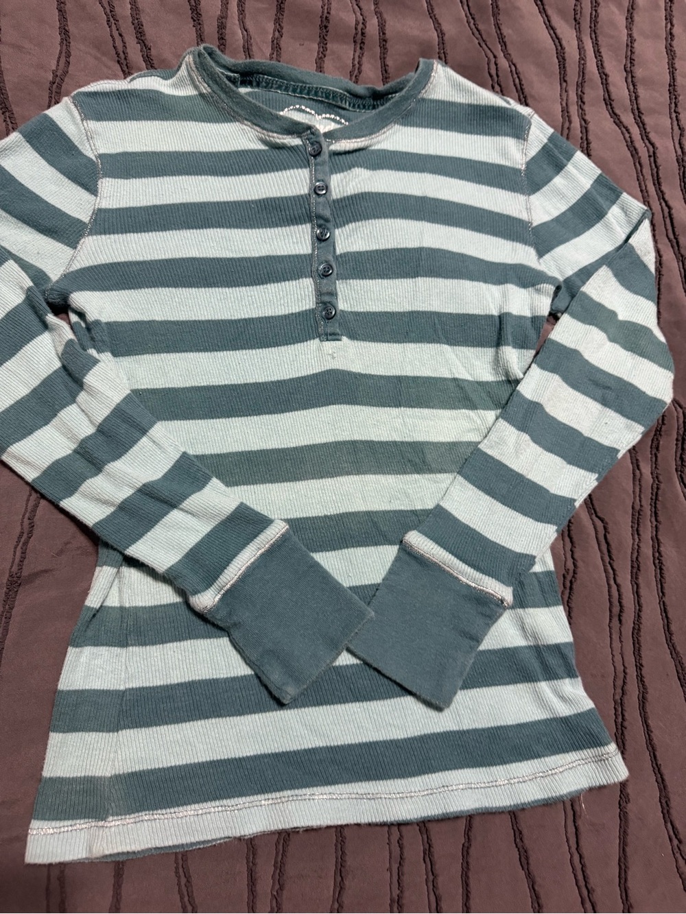 greendog Striped Long-Sleeve Henley in Teal & Cream